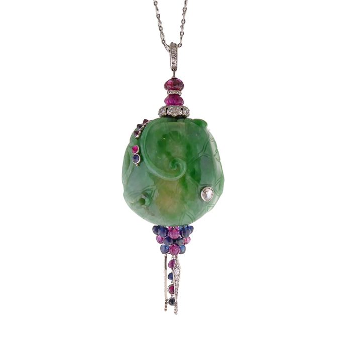 Early Art Deco diamond, carved jade, and ruby and sapphire bead pendant necklace by Cartier, Paris 1923, | MasterArt
